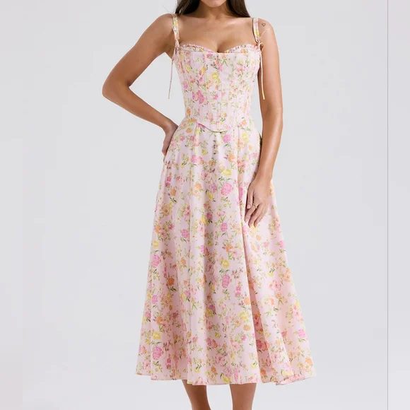 HOUSE OF CB Clarabelle Pink Meadow Print Cotton Midi Sundress - Picture 2 of 6
